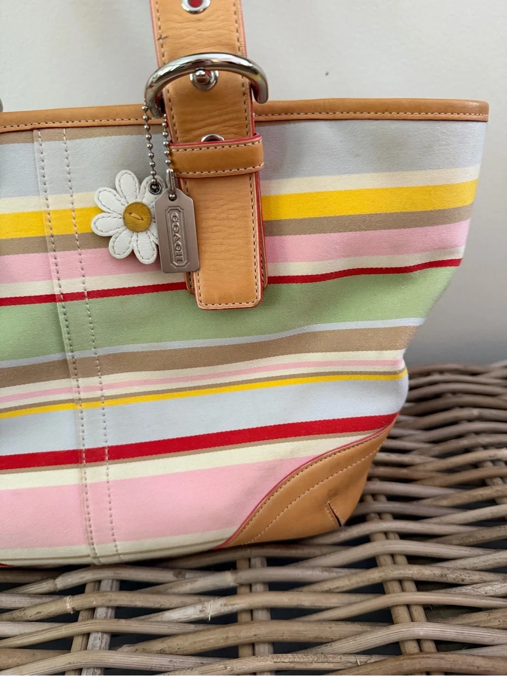 COACH Hampton Daisy Vachetta Leather Twill Multicolor Canvas Small Tote Bag 4435
